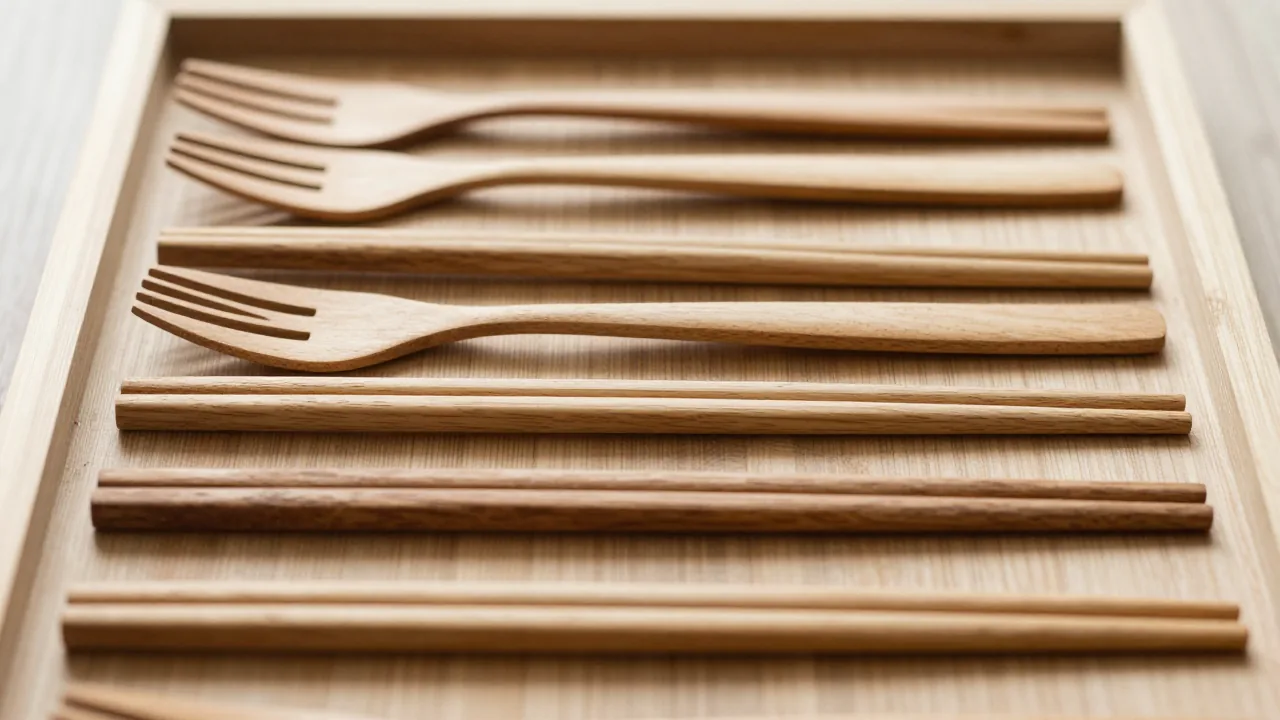 wooden chopsticks, small fork, open ventilated case