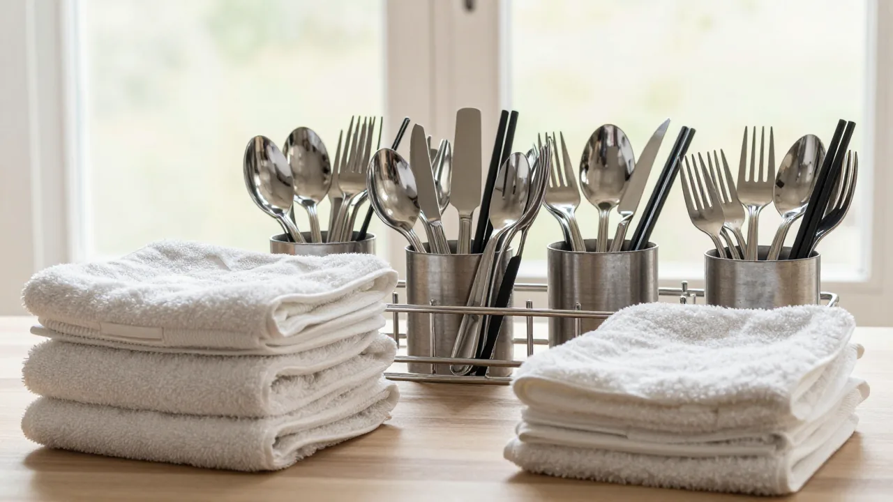 clean towel, mixed utensil set, drying rack