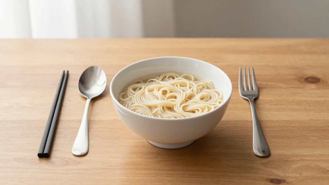 chopsticks beside spoon and fork, plain noodle bowl, wooden table