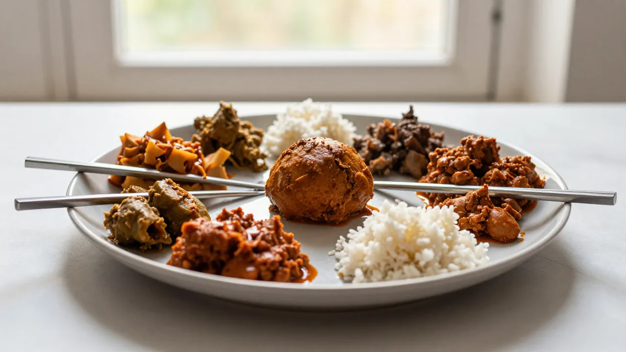 Indian-Chinese meal without packaging, chopsticks rest, ceramic plate
