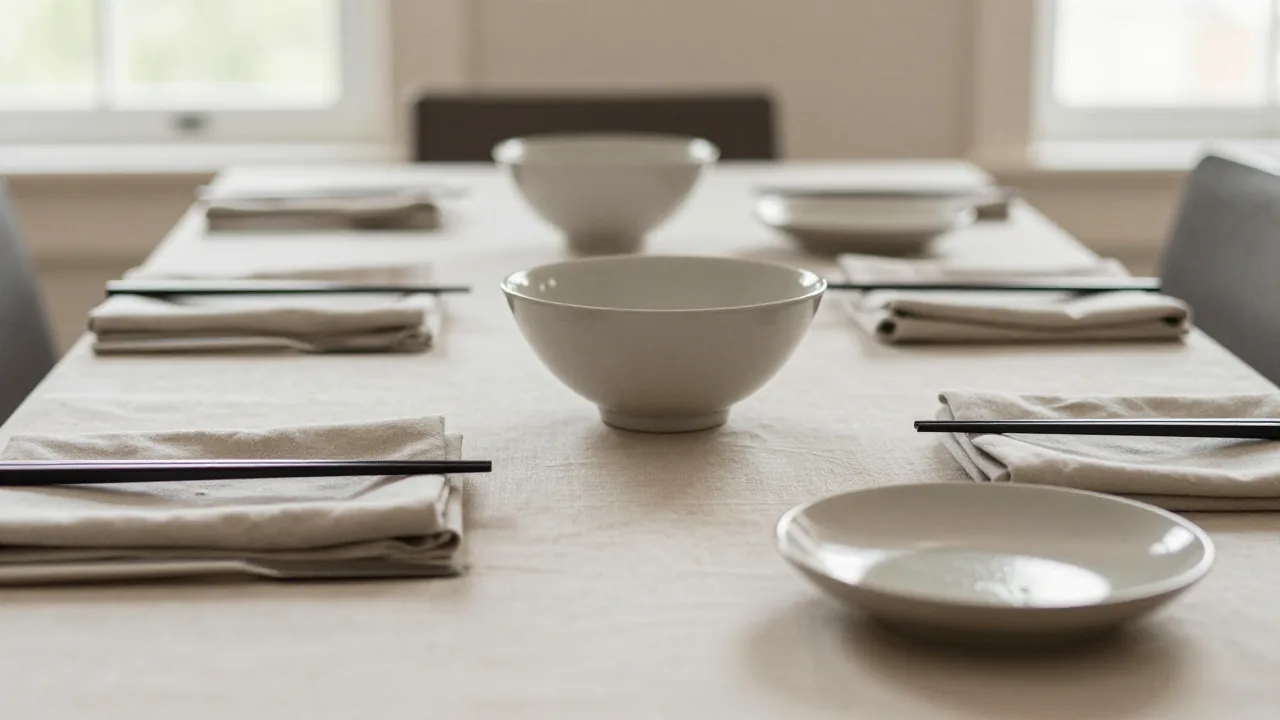 mixed table setting, cloth napkin, serving bowl