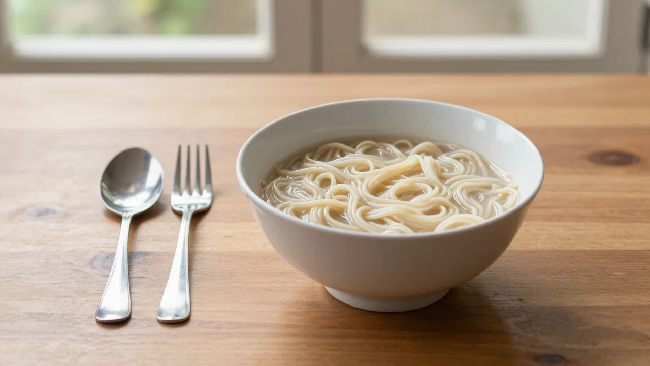 chopsticks beside spoon and fork, plain noodle bowl, wooden table