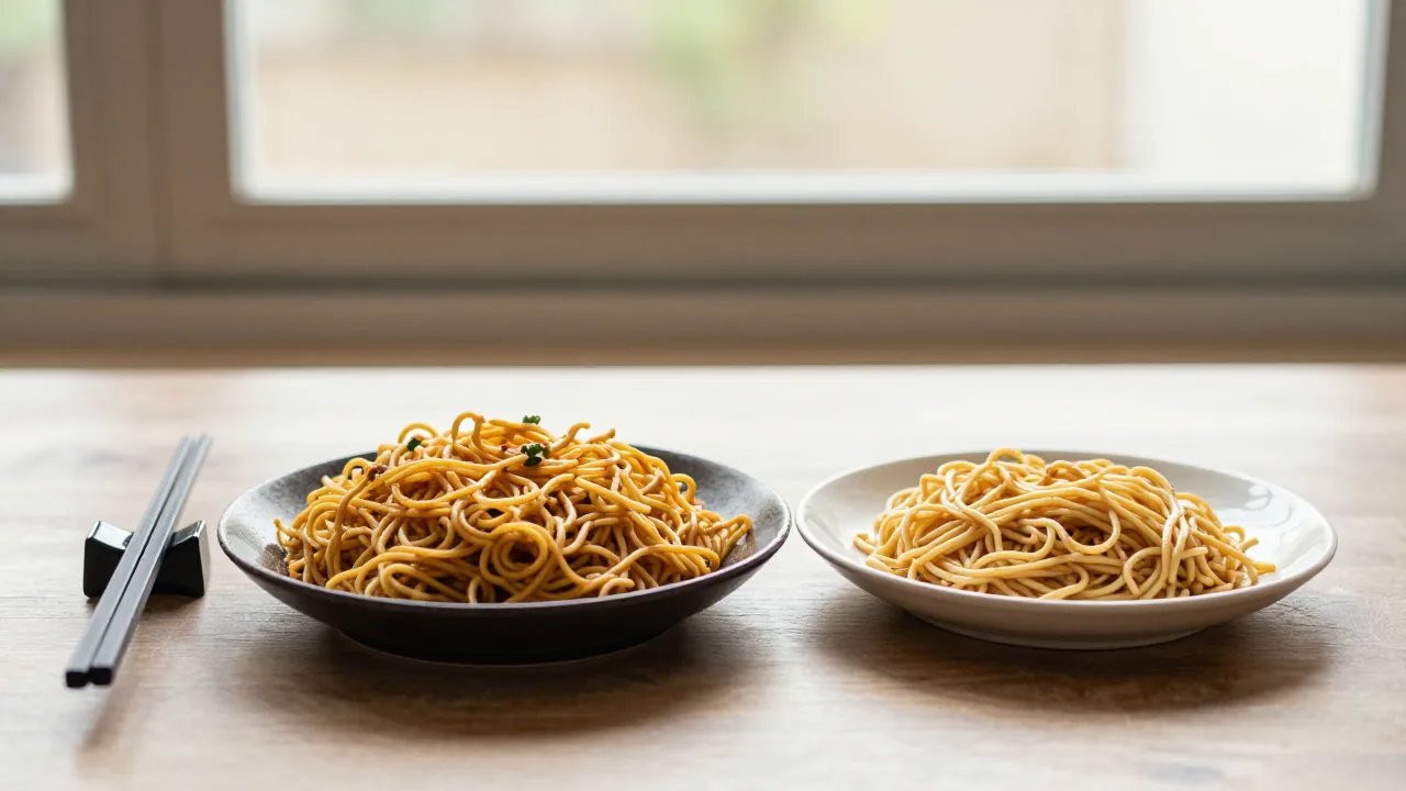 unbranded noodle meal, chopstick rest, ceramic plate