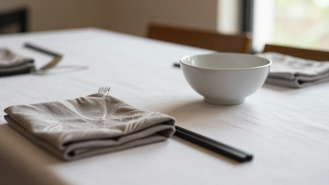mixed table setting, cloth napkin, serving bowl