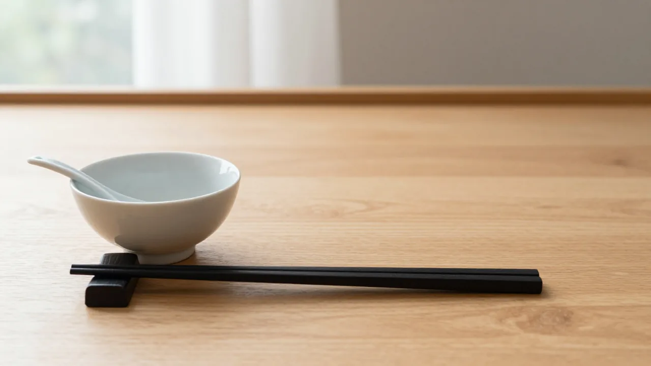 chopstick rest beside bowl, serving spoon, wooden table