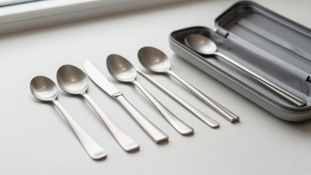 plain titanium-colored cutlery set, metal chopsticks, open travel case
