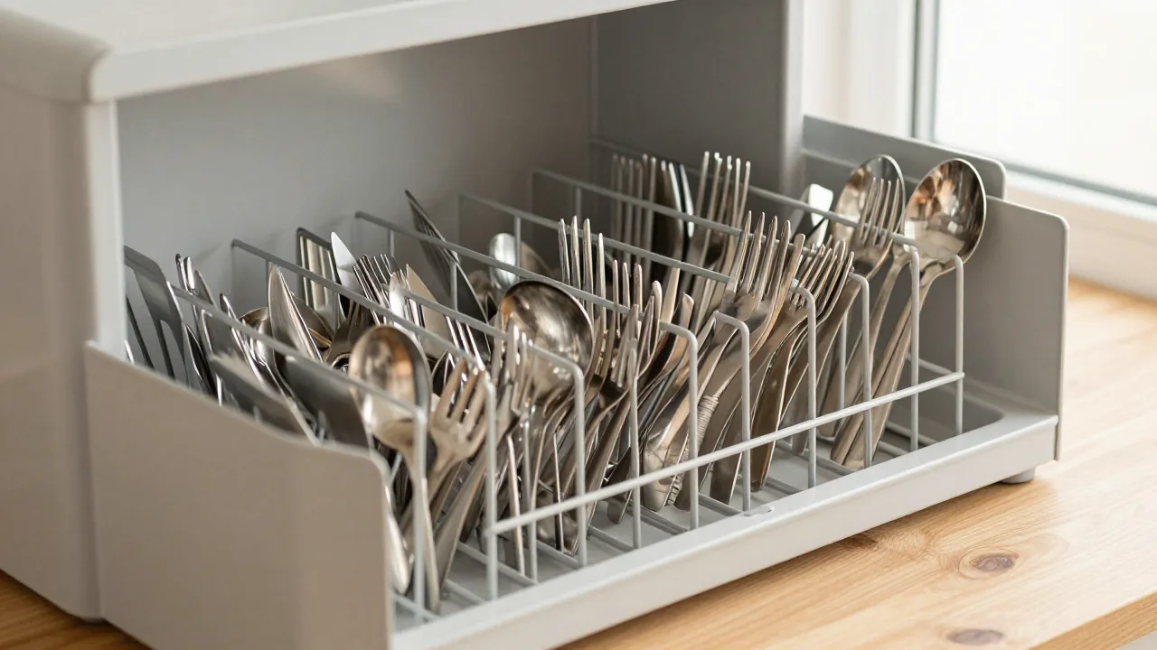 washed cutlery drying on rack, vented case, wooden table