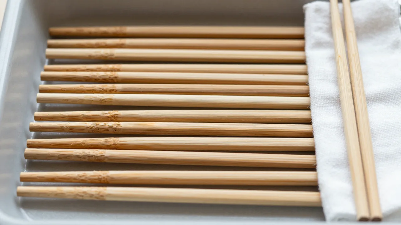used wooden chopsticks beside clean pair, dish rack, cotton cloth