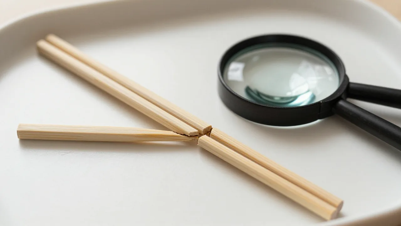 close view of cracked chopstick, magnifying glass, plain tray