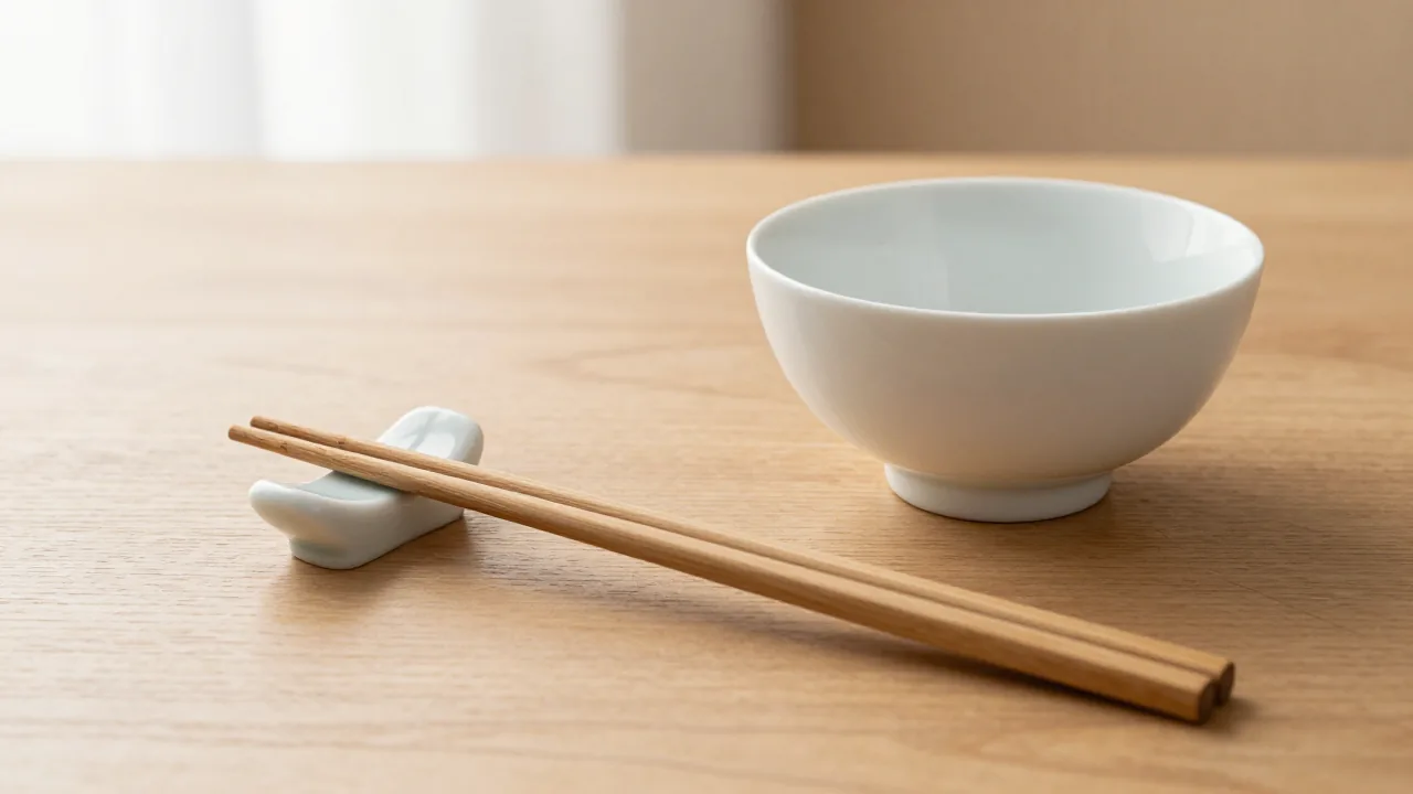chopsticks on ceramic rest, empty rice bowl, wooden table