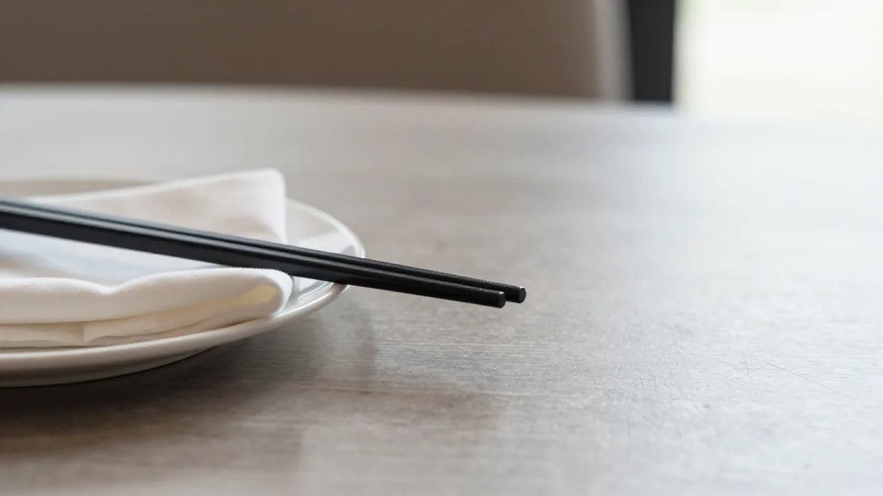 chopsticks beside plate edge, folded napkin, small tray