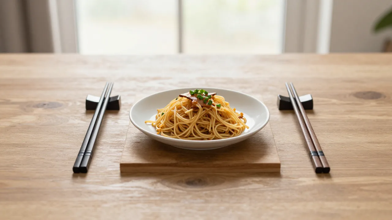 serving chopsticks and personal pair, shared dish, two rests