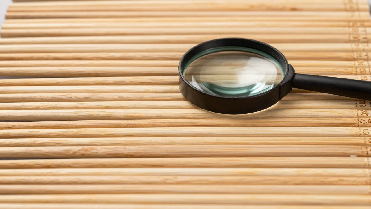 plain wooden chopsticks, unmarked wood offcut, magnifying glass face down