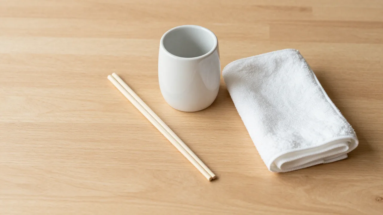 reusable chopstick pair, ventilated ceramic holder, folded cotton towel