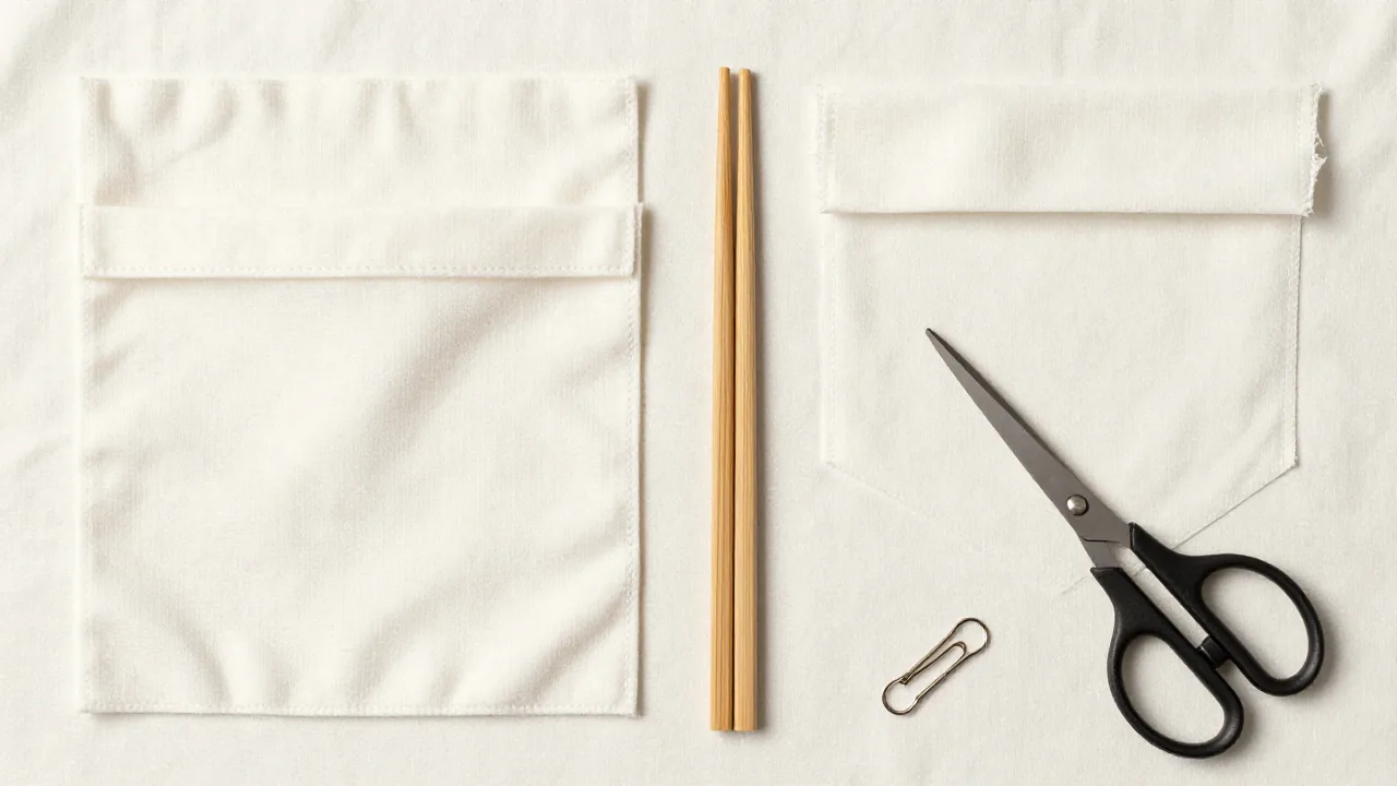 cut fabric pieces, clean chopsticks, sewing clips