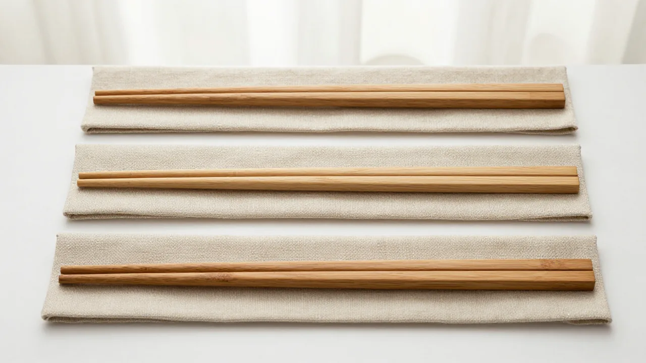 three plain chopstick pairs, fabric cases, wooden rests