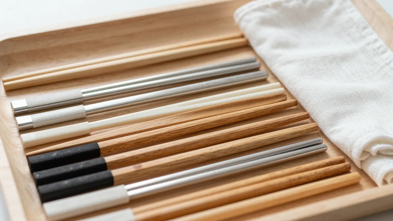 wood metal and fiberglass chopsticks, plain tray, cotton cloth