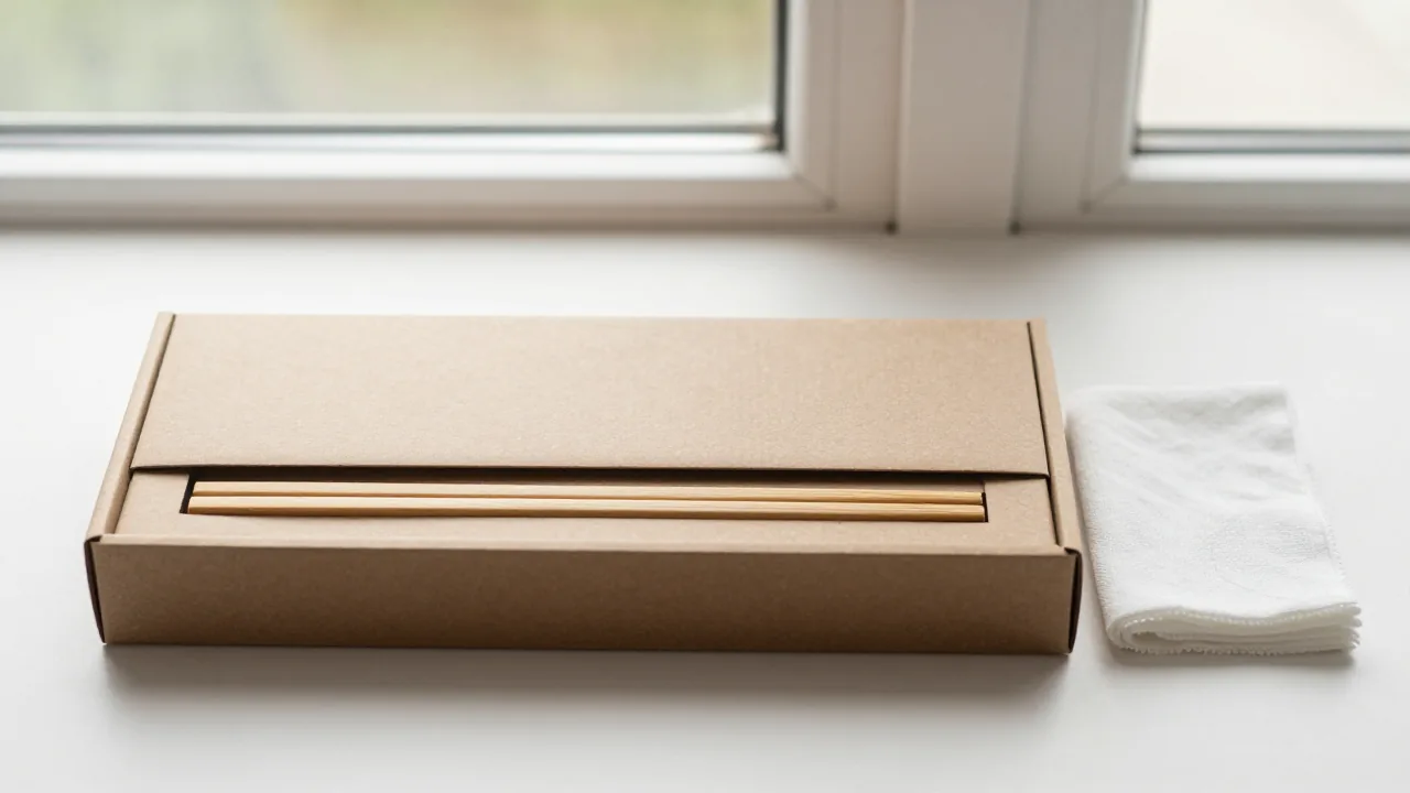 closed gift box without branding, chopstick pair, care cloth